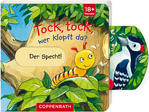 Tock, tock, wer klopft da?, 14 Seiten, Pappbilderbuch mit Schiebern, Coppenrath Verlag